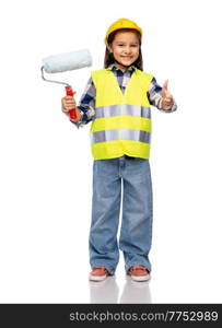 building, construction and profession concept - smiling little girl in protective helmet and safety vest with paint roller showing thumbs up over white background. girl in helmet with paint roller showing thumbs up