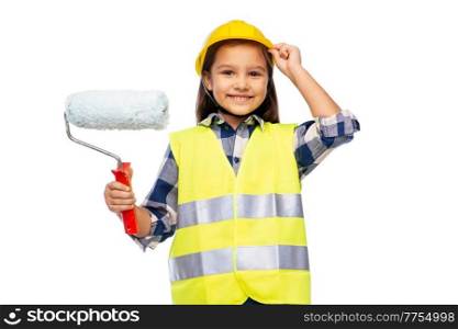 building, construction and profession concept - smiling little girl in protective helmet and safety vest with paint roller over white background. girl in helmet and safety vest with paint roller