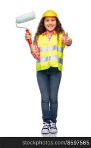building, construction and profession concept - smiling little girl in protective helmet and safety vest with paint roller showing thumbs up over white background. girl in helmet with paint roller showing thumbs up