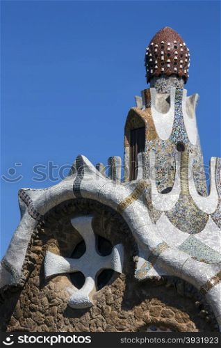 Building designed by Anton Guadi in Parc Guell in Barcelona in the Catalonia region of Spain. The park covers 20 hectares (50 acres) and was opened in 1922.