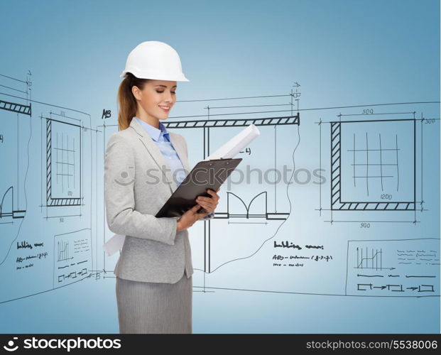 building, developing, consrtuction and architecture concept - friendly young smiling architect in white helmet with blueprint and clipboard
