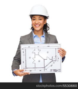 building, developing, consrtuction and architecture concept - smiling businesswoman in white helmet showing blueprint