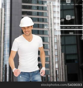 building, developing, consrtuction, architecture concept - handsome builder in white helmet