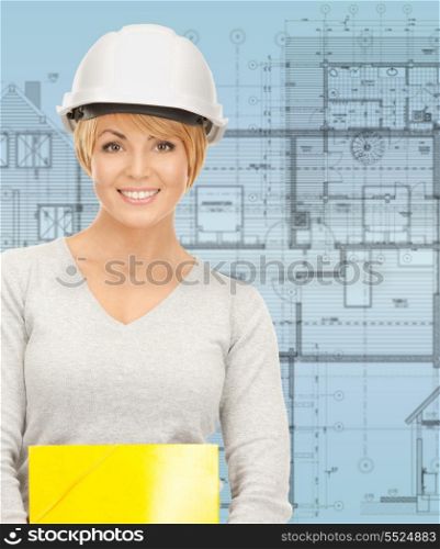 building, developing, construction and architecture concept - female contractor in helmet