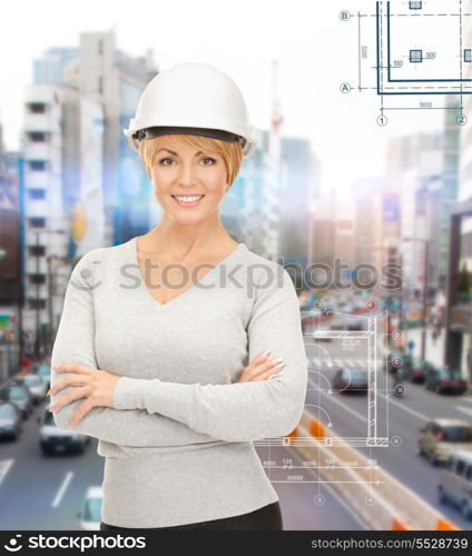 building, developing, construction and architecture concept - female contractor in helmet