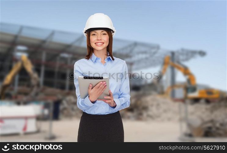 building, developing, construction and architecture concept - smiling businesswoman in white helmet ant tablet pc computer