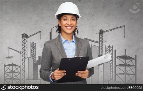 building, developing, construction and architecture concept - smiling businesswoman in white helmet with clipboard and blueprint