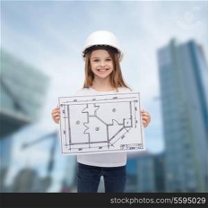 building, developing, construction and architecture concept - smiling little girl in white helmet showing blueprint