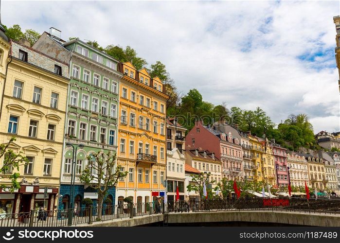 Building facades, old tradicional architecture, Karlovy Vary, Czech Republic, Europe. European town, famous place for travel and tourism. Building facades, old architecture, Karlovy Vary