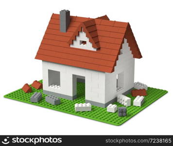Building home concept, an individual house made of plastic toy building blocks, 3D construction isolated on white background