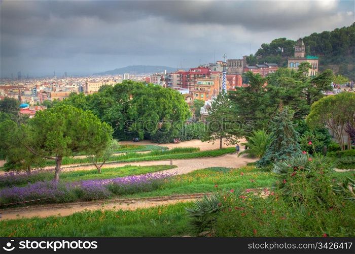 Building in Park Guell, view on Barcelona, Spain