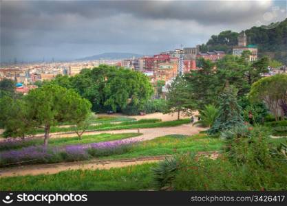 Building in Park Guell, view on Barcelona, Spain