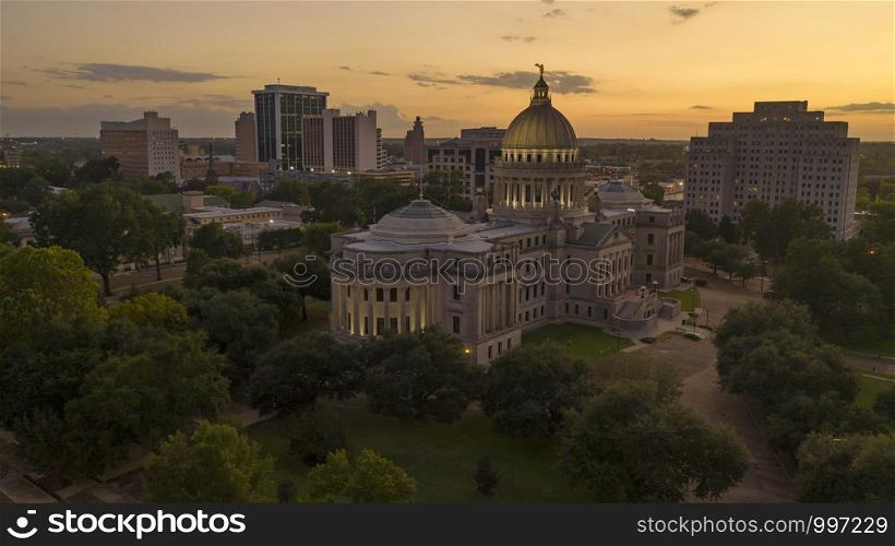 Building lights just came on Aerial view of the Mississippi State Capital building