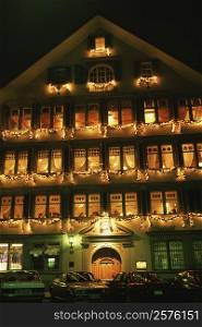 Building lit up at night, Guild House Restaurant, Zurich, Switzerland