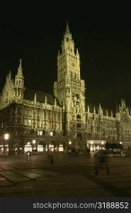 Building lit up at night, Munich Town Hall, Munich, Bavaria, Germany