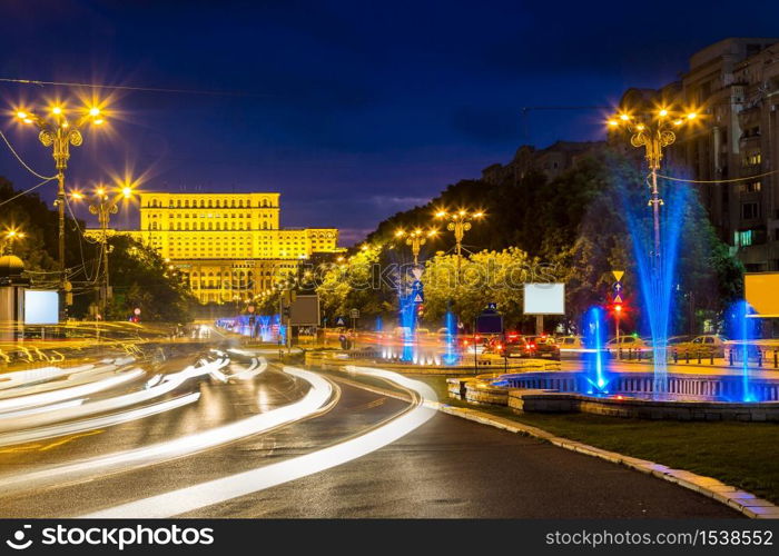 Building of Romanian parliament in Bucharest in a beautiful summer night, Bulgaria