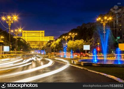 Building of Romanian parliament in Bucharest in a beautiful summer night, Bulgaria