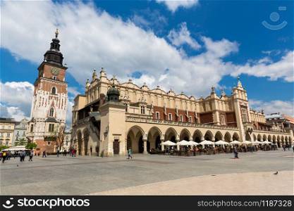 Building of the ancient Bazaar on the Market square, Krakow, Poland. European town with ancient architecture buildings, famous place for travel and tourism