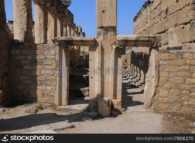 Building of the public latrine in the ancient town of Hierapolis in Turkey