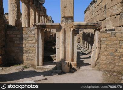 Building of the public latrine in the ancient town of Hierapolis in Turkey