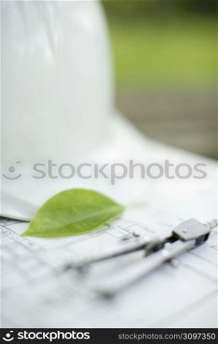 Building plans with a green leaf and a white hard hat on top