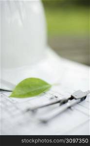 Building plans with a green leaf and a white hard hat on top