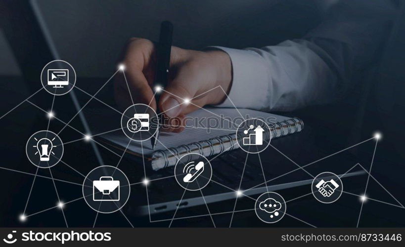 Building startup strategy closeup concept image with white glyph icons. Side view photo of woman with notebook on background. Picture for web banner, infographics, blog, news and article. Building startup strategy closeup concept image with white glyph icons