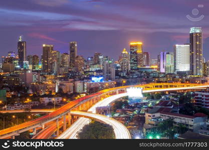 Building views of Bangkok&rsquo;s business district and expressway.. Building and expressway.