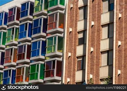 Building with multi-colored glass windows in the Hesperia Bilbao hotel, in the old town of Bilbao, Basque Country, in northern Spain, Europe