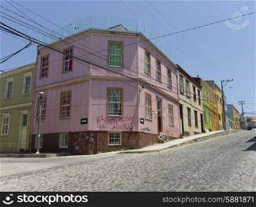 Buildings along a cobblestone street, Valparaiso, Chile