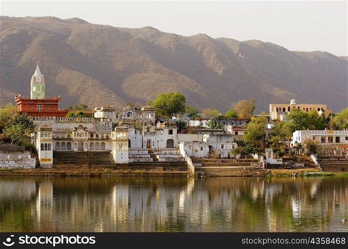 Buildings along a lake, Holy lake, Pushkar, Rajasthan, India