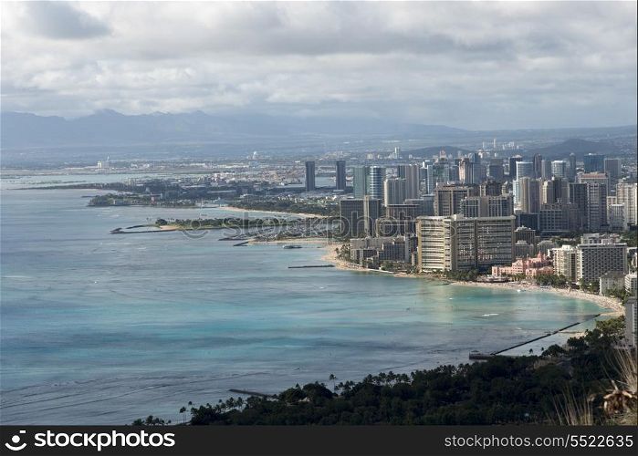 Buildings along beachfront viewed from Diamond Head, Waikiki, Kapahulu, Honolulu, Oahu, Hawaii, USA