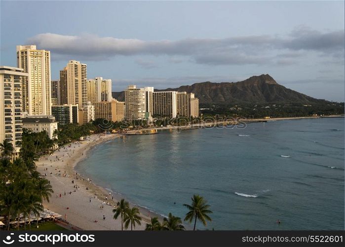Buildings along beachfront, Waikiki, Honolulu, Oahu, Hawaii, USA