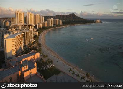 Buildings along beachfront, Waikiki, Honolulu, Oahu, Hawaii, USA