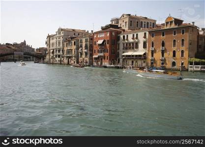 Buildings and boats on Grand Canal in Venice, Italy.