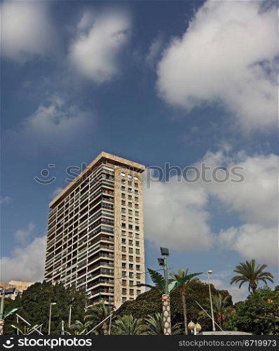 buildings and palm trees typical of the city of Alicante Spain