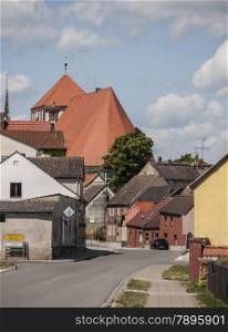 Buildings and view to church St. Peter and Paul in Wusterhausen-Dosse, Brandenburg, Germany
