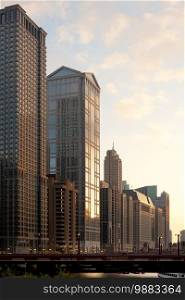 Buildings at Chicago river shore and bridge of Wabash Avenue, Chicago, Illinois, USA