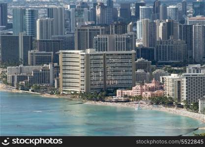 Buildings at the beachfront viewed from from Diamond Head, Waikiki, Kapahulu, St. Louis, Honolulu, Oahu, Hawaii, USA