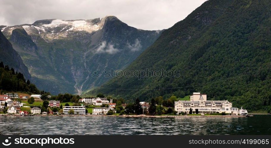 Buildings at the fjord side, Balestrand, Sognefjord, Norway