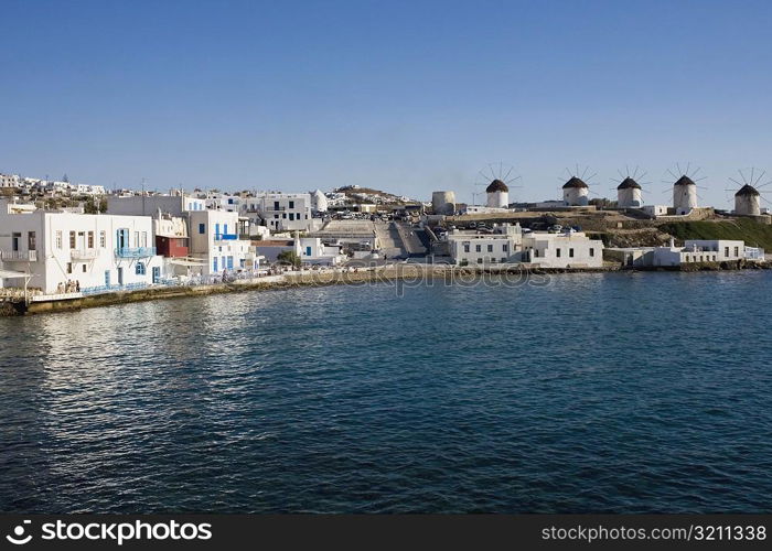 Buildings at the waterfront, Mykonos, Cyclades Islands, Greece