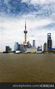 Buildings at the waterfront, Oriental Pearl Tower, Lujiazui, Huangpu River, The Bund, Shanghai, China