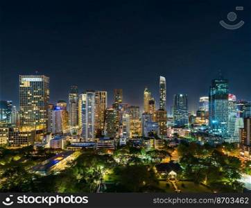 buildings cityscape near Witthayu road at night in Bangkok city, Thailand 
