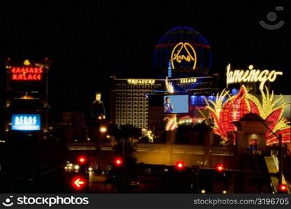 Buildings in a city lit up at night, Las Vegas, Nevada, USA