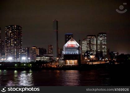 Buildings lit up at night at Port of Tokyo, Tokyo, Japan