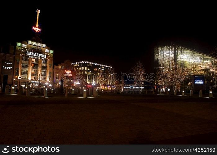 Buildings lit up at night, Baltimore, Maryland, USA