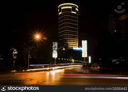Buildings lit up at night, Hefei, Anhui Province, China
