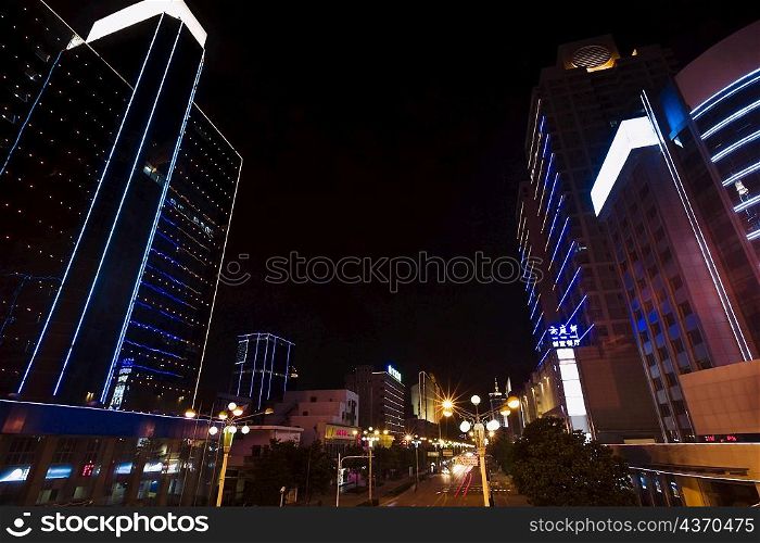 Buildings lit up at night, Hefei, Anhui Province, China
