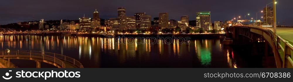 Buildings lit up at night, Portland, Oregon, USA