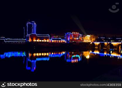 Buildings lit up at night, Tunxi District, Anhui Province, China